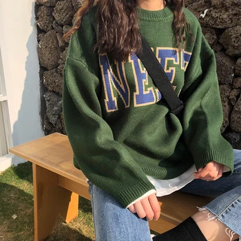 3 culori 2019 primăvara și toamna stil preppy liber gât o scrisoare pulovere tricotate femei pulovere și pulovere (X200)