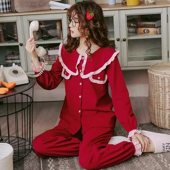 BZEL Papusa Drăguț Guler Set de Pijama Pentru Femei Roșu Solid Acasă Purta Pijamale de Bumbac de Dimensiuni Mari Pijama Doamnelor Lung Pijamale, Lenjerie de corp