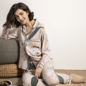Cerul Înstelat Și Florale Imprimate Femei Pijama Set De Confort Din Bumbac Satinat Complet Maneca Homewear Doamnelor Licitație Uzura Casual Pentru Primavara