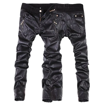 De Vânzare la cald pentru Bărbați Pantaloni de Piele coreean Slim Skinny pentru Bărbați Îmbinat Pantaloni de Piele Moda Barbati Negru Zip Motocicleta pantaloni Pantaloni