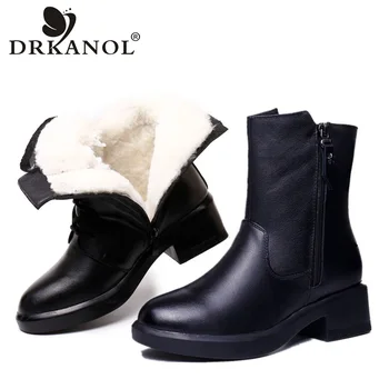 DRKANOL 2020 Naturale Groase de Lână Blană Cald Cizme de Zapada pentru Femei de Iarnă Glezna Cizme Genuine Piele de Vacă Femei Toc Gros Pantofi de Cald