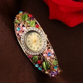 Femei Ceas de Lux Doamnelor ceasuri Oval, Coajă de Flori Plin de Diamant Brățară Ceas Analog Cuarț Încheietura mîinii Ceas cu ceas saati @F