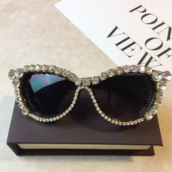 Femei de moda CatEye BlingBling Diamant Cristal de ochi de Pisica ochelari de Soare Stras Ramă Femei Ochelari de Soare