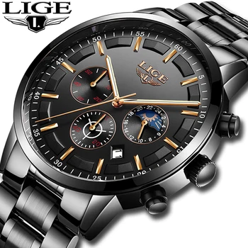 LIGE Ceas Barbati Sport Cuarț oțel inoxidabil Barbati Ceasuri de Lux, Marca Impermeabil de Afaceri Negru Ceasuri Relogio Masculino+Cutie