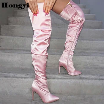 Moda dulce roz din satin coapsei cizme femei toc subțire de mare polonez închidere cu fermoar lateral peste genunchi cizme