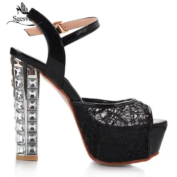 Sgesvier 2018 Vara Dantela Sexy Peep Toe Glitter Sandalias Pantofi Toc Gros Glezna cu Cataramă de Partid Pantofi de Nunta Mujer OX467