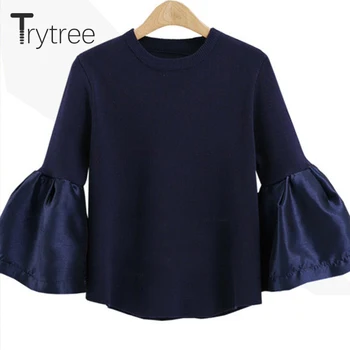 Trytree Primavara Toamna Casual T-shirt Femei O-neck Solid 3 Mozaic de Culoare Flare Sleeve Fashion Pierde Toate-Scop Stil T-shirt